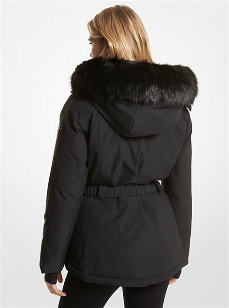 faux fur trim belted parka michael kors|Faux Fur Trim Ciré Belted Parka .